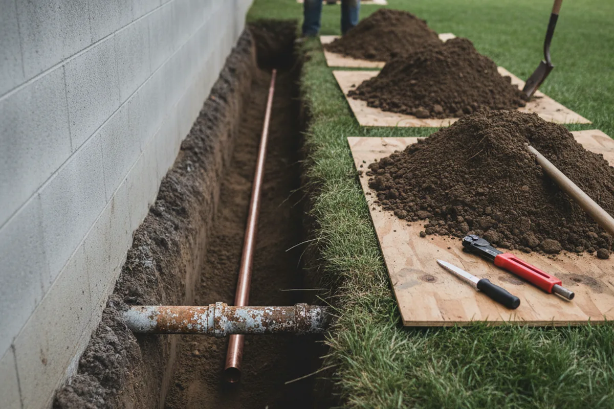 Excavated water line trench during Sewer Line Repair in Numidia